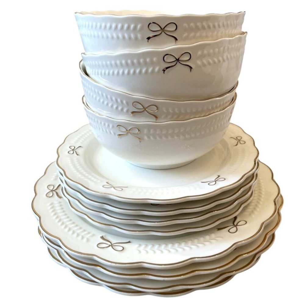 12pc Yedi GOLD BOW Ceramic Dinner|Salad Plate & Bowl Set Holiday Glam White New